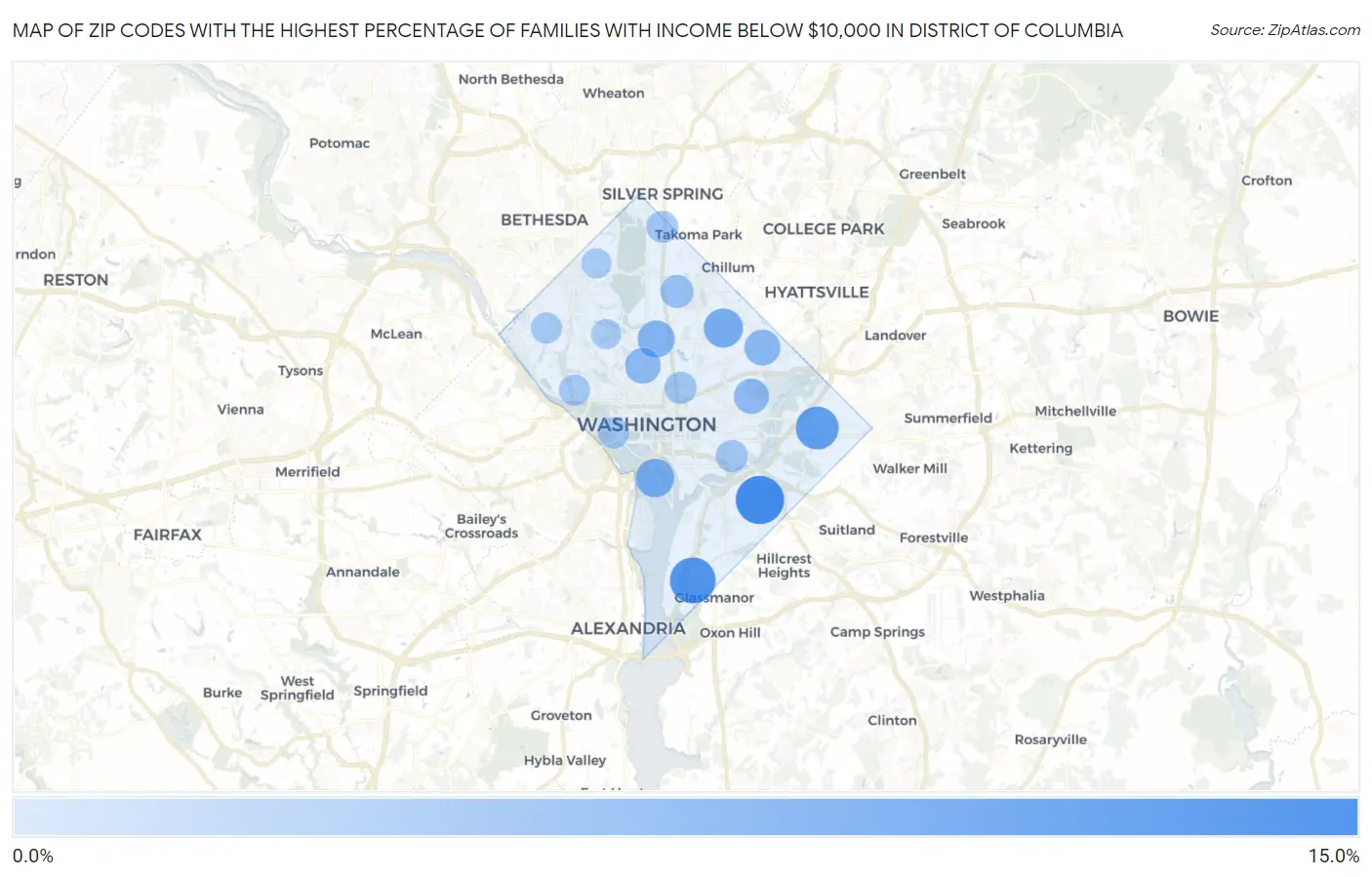 Zip Codes with the Highest Percentage of Families with Income Below $10,000 in District Of Columbia Map