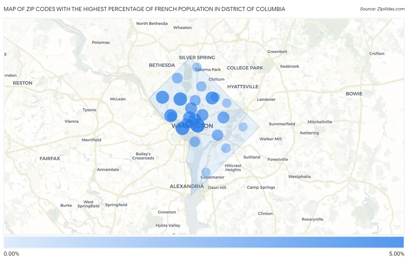 Zip Codes with the Highest Percentage of French Population in District Of Columbia Map