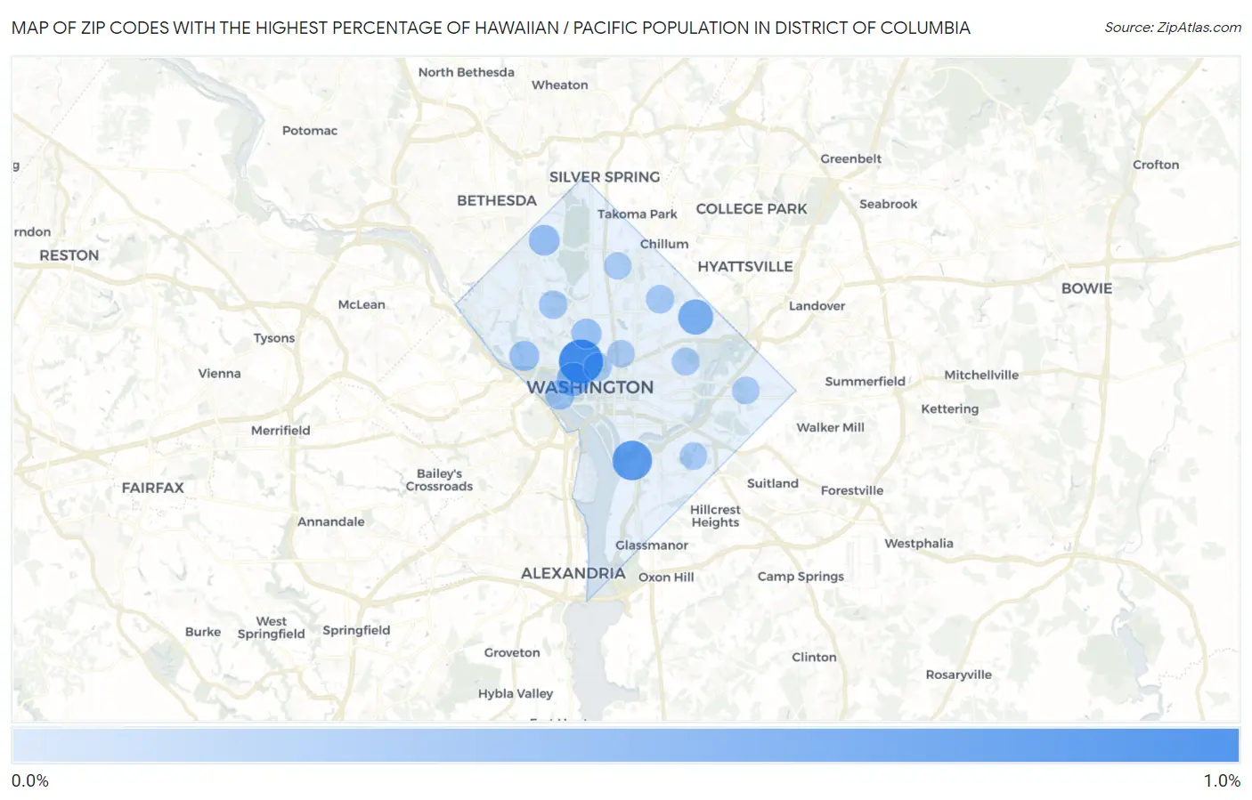 Zip Codes with the Highest Percentage of Hawaiian / Pacific Population in District Of Columbia Map