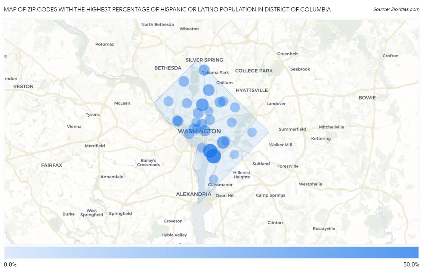 Zip Codes with the Highest Percentage of Hispanic or Latino Population in District Of Columbia Map