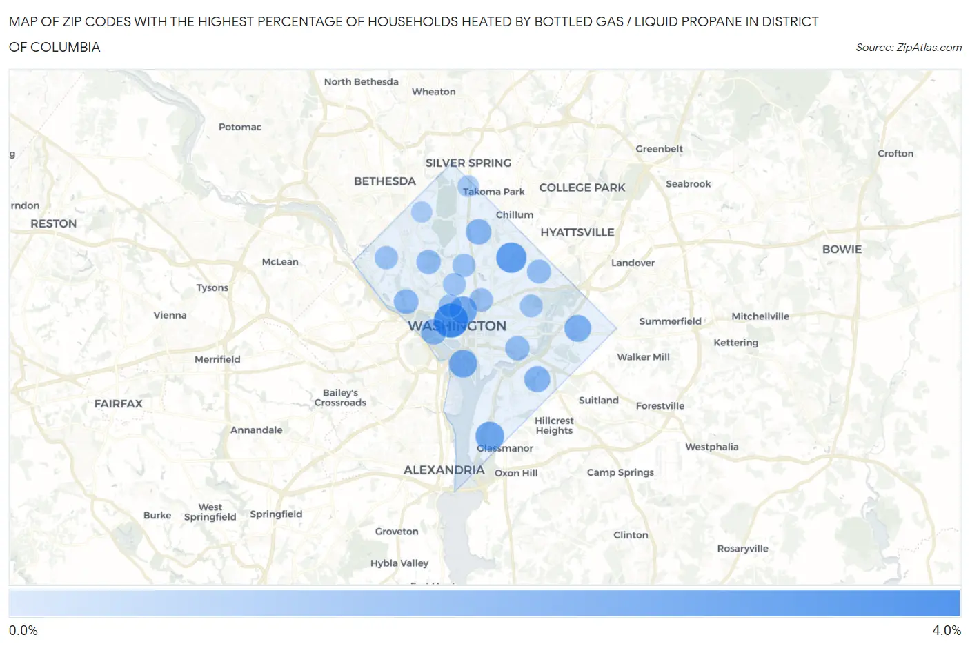 Zip Codes with the Highest Percentage of Households Heated by Bottled Gas / Liquid Propane in District Of Columbia Map
