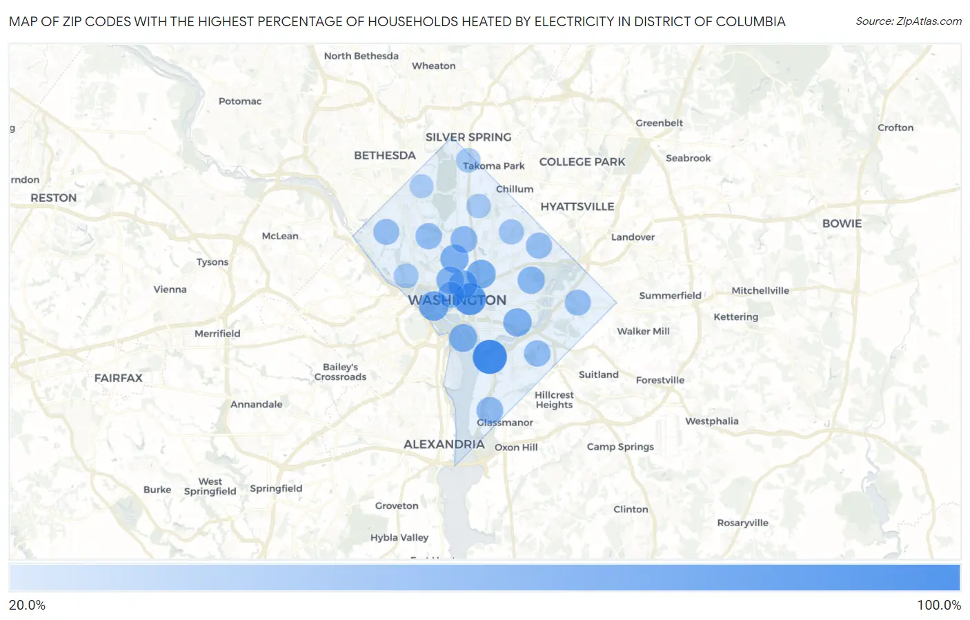 Zip Codes with the Highest Percentage of Households Heated by Electricity in District Of Columbia Map