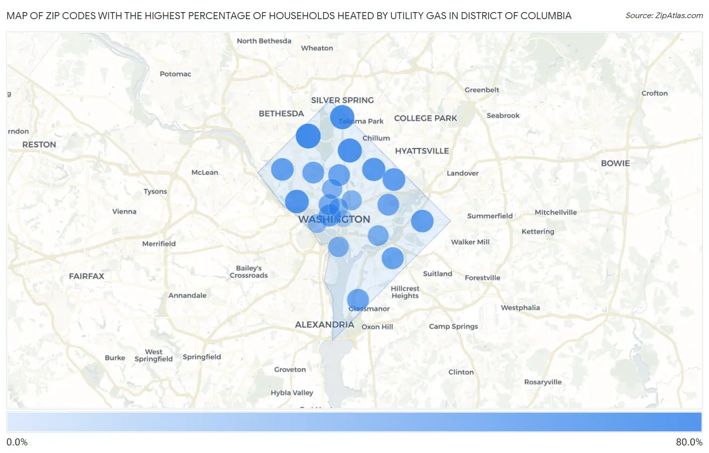 Zip Codes with the Highest Percentage of Households Heated by Utility Gas in District Of Columbia Map