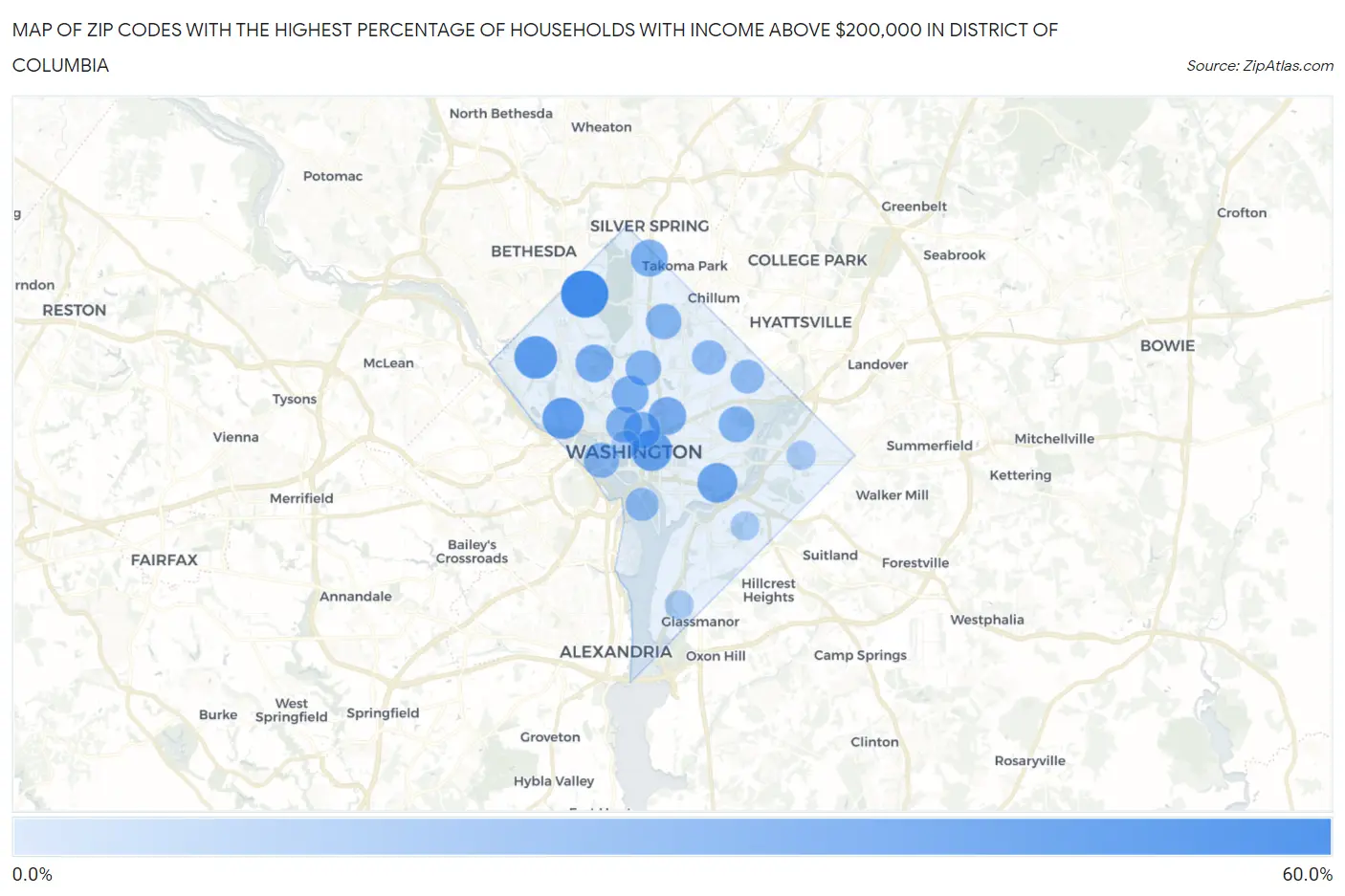 Zip Codes with the Highest Percentage of Households with Income Above $200,000 in District Of Columbia Map