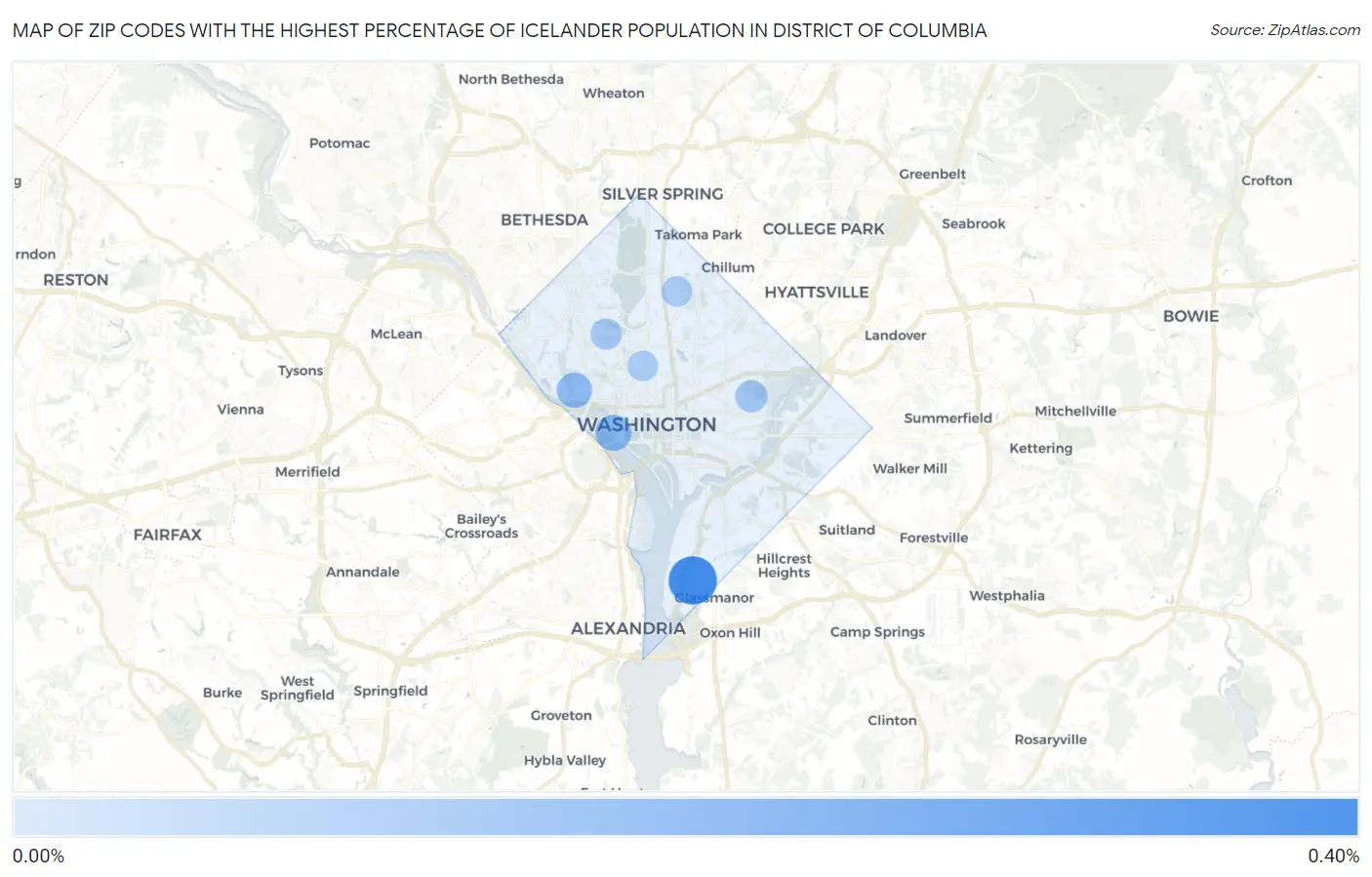 Zip Codes with the Highest Percentage of Icelander Population in District Of Columbia Map