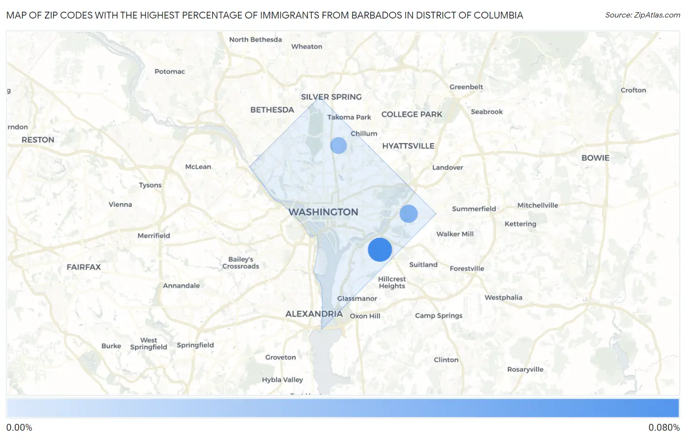 Zip Codes with the Highest Percentage of Immigrants from Barbados in District Of Columbia Map