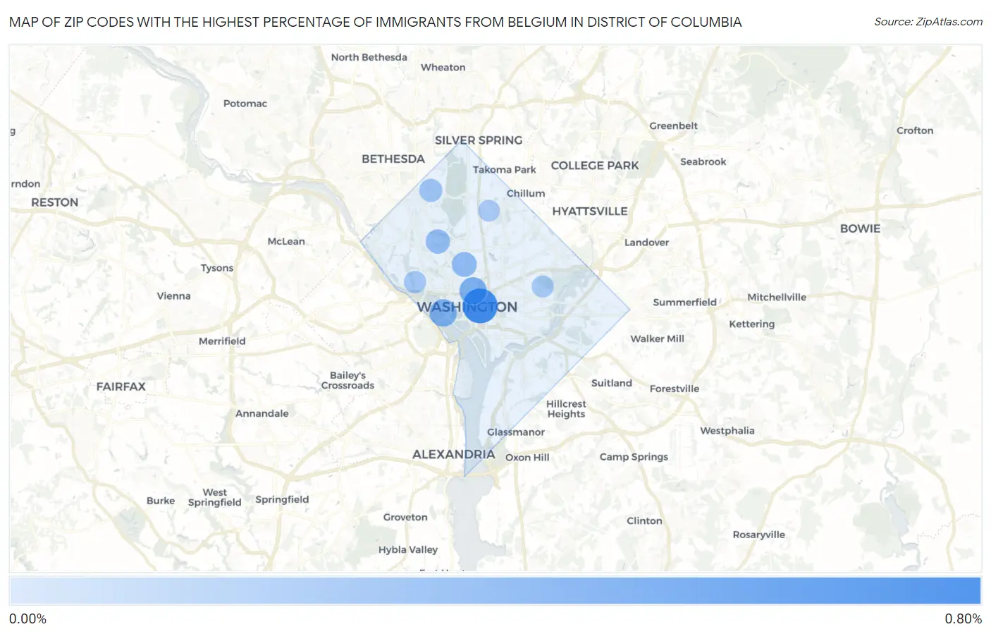 Zip Codes with the Highest Percentage of Immigrants from Belgium in District Of Columbia Map