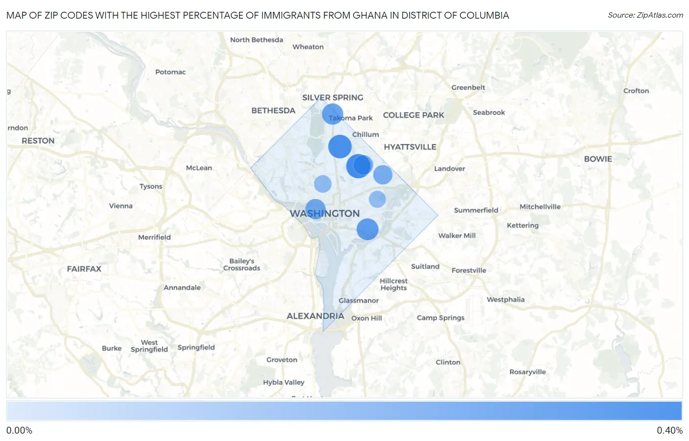 Zip Codes with the Highest Percentage of Immigrants from Ghana in District Of Columbia Map