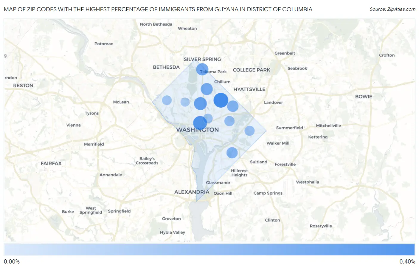 Zip Codes with the Highest Percentage of Immigrants from Guyana in District Of Columbia Map