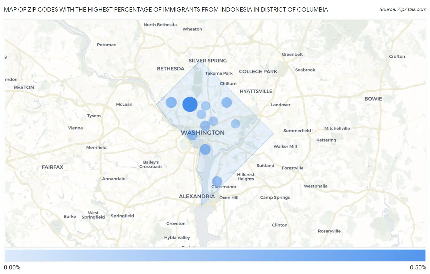 Zip Codes with the Highest Percentage of Immigrants from Indonesia in District Of Columbia Map