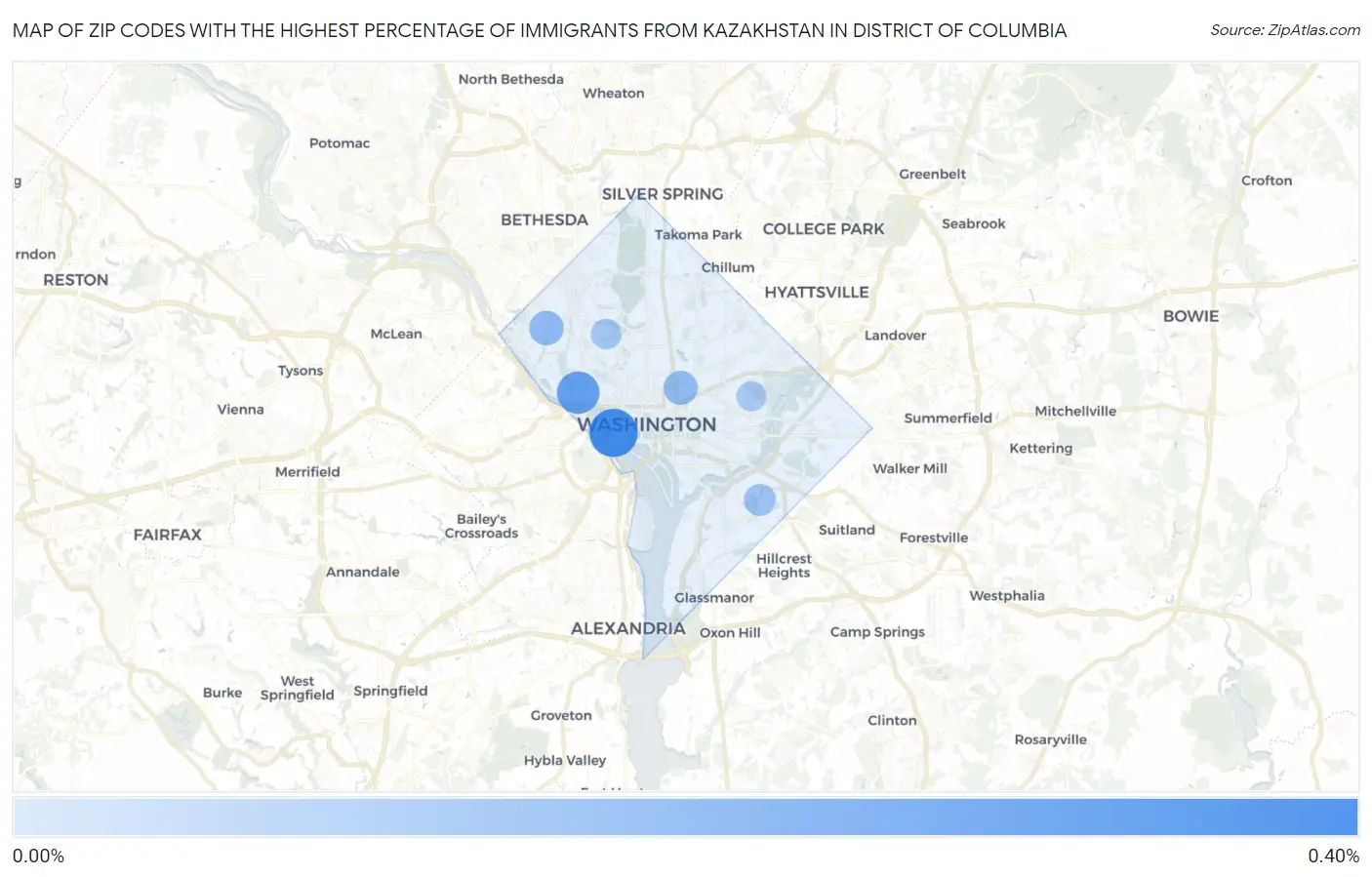 Zip Codes with the Highest Percentage of Immigrants from Kazakhstan in District Of Columbia Map