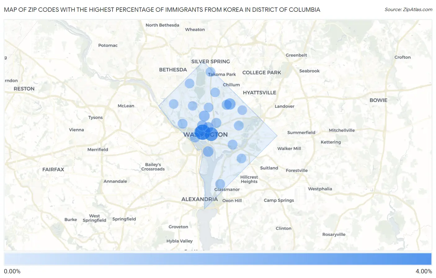 Zip Codes with the Highest Percentage of Immigrants from Korea in District Of Columbia Map