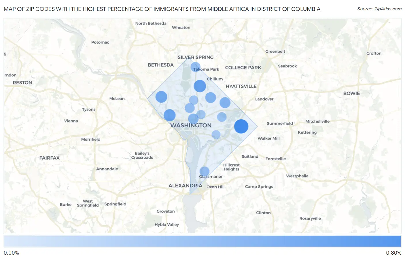Zip Codes with the Highest Percentage of Immigrants from Middle Africa in District Of Columbia Map