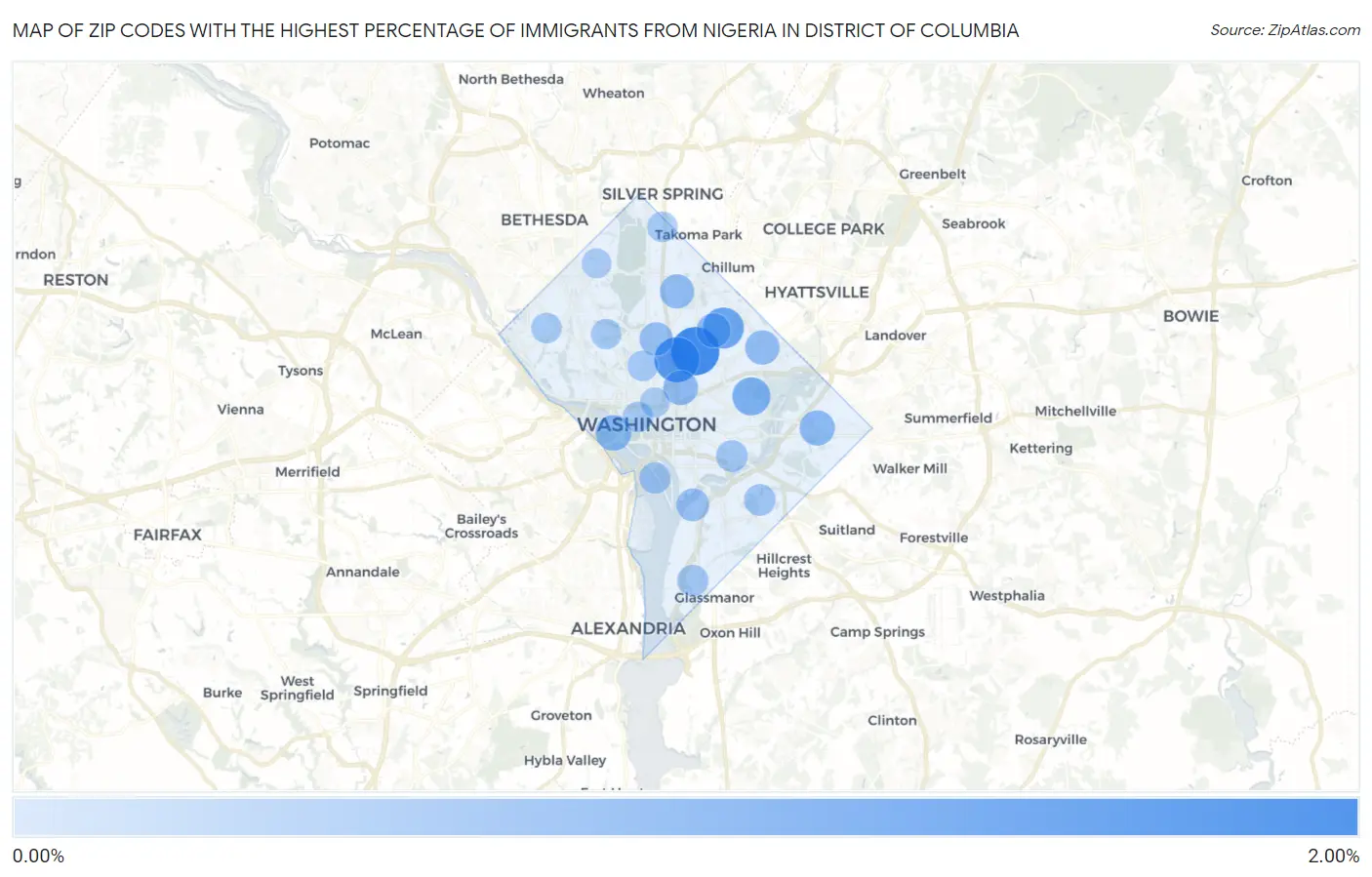 Zip Codes with the Highest Percentage of Immigrants from Nigeria in District Of Columbia Map