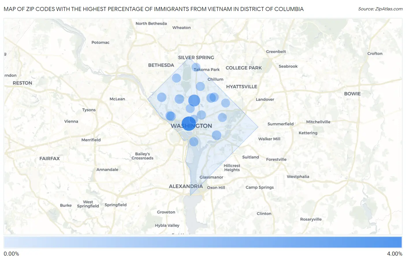 Zip Codes with the Highest Percentage of Immigrants from Vietnam in District Of Columbia Map