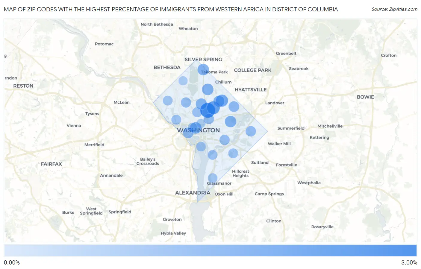 Zip Codes with the Highest Percentage of Immigrants from Western Africa in District Of Columbia Map