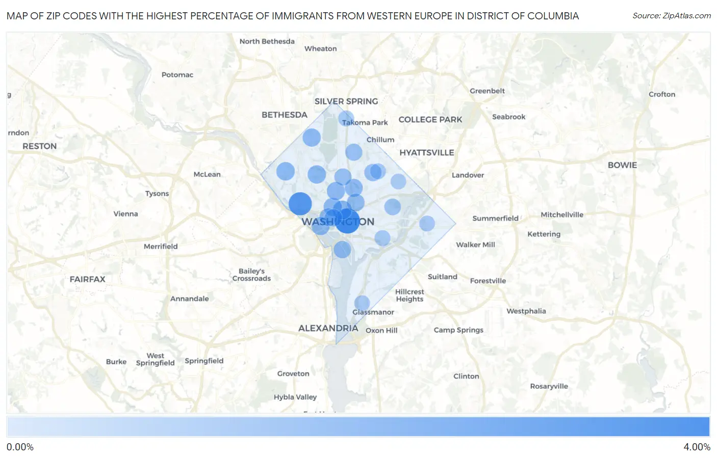 Zip Codes with the Highest Percentage of Immigrants from Western Europe in District Of Columbia Map