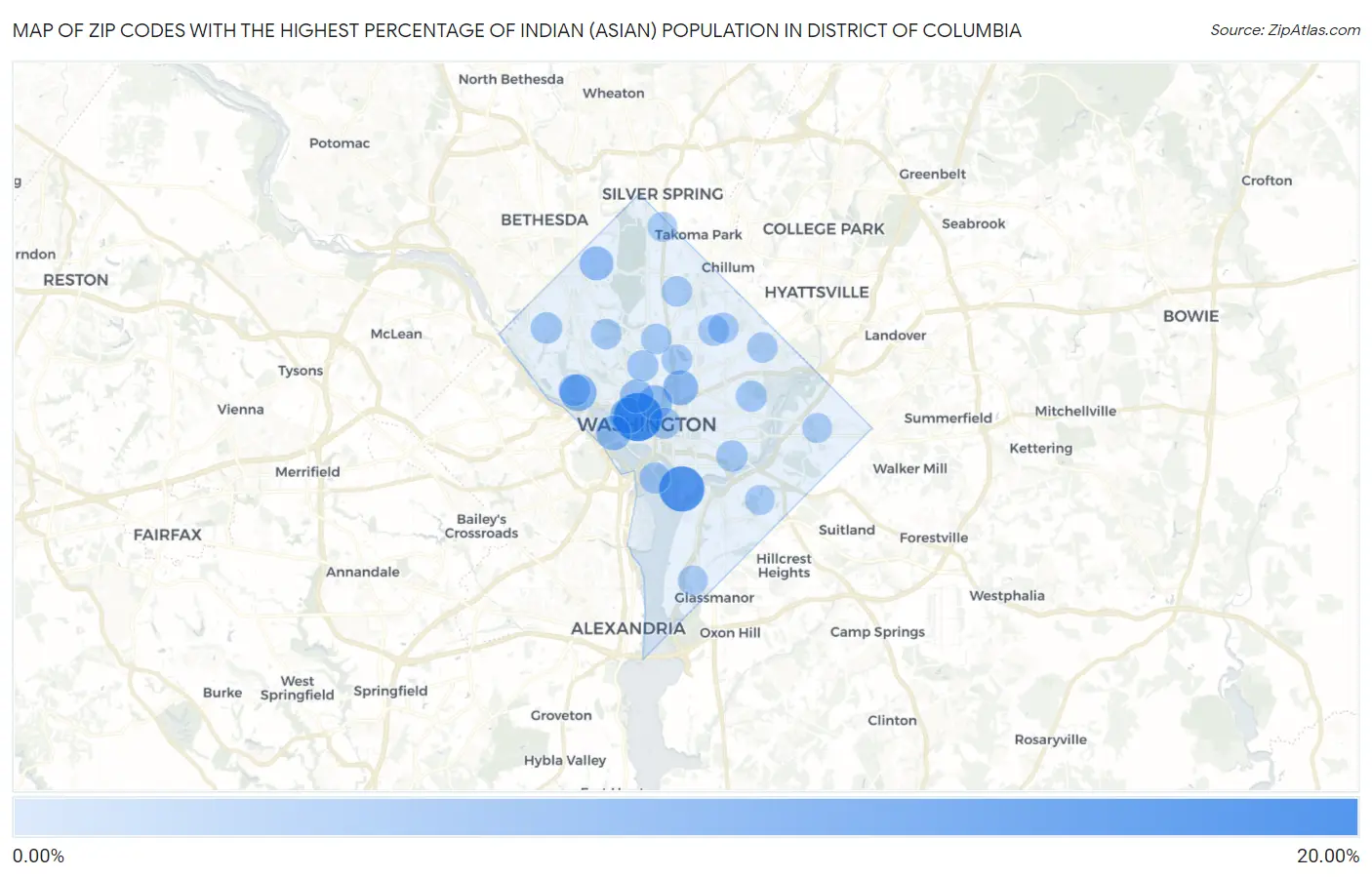 Zip Codes with the Highest Percentage of Indian (Asian) Population in District Of Columbia Map
