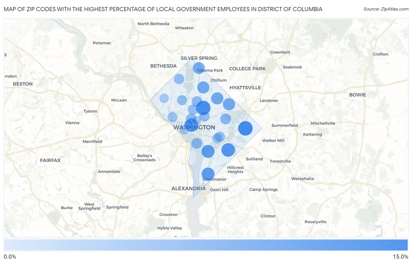 Zip Codes with the Highest Percentage of Local Government Employees in District Of Columbia Map