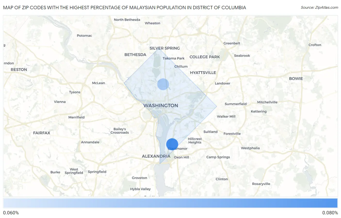 Zip Codes with the Highest Percentage of Malaysian Population in District Of Columbia Map