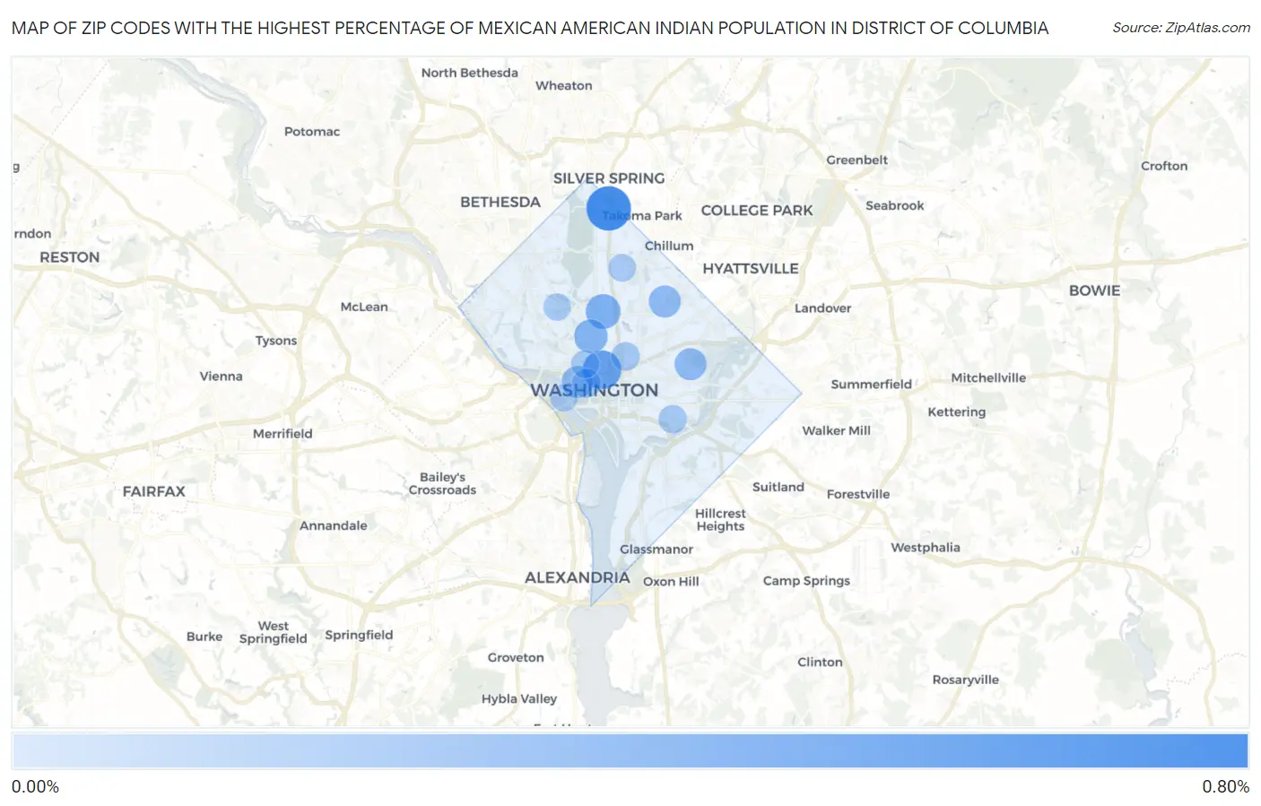 Zip Codes with the Highest Percentage of Mexican American Indian Population in District Of Columbia Map