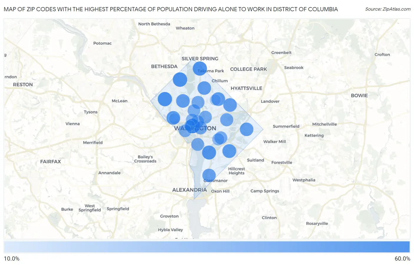 Zip Codes with the Highest Percentage of Population Driving Alone to Work in District Of Columbia Map