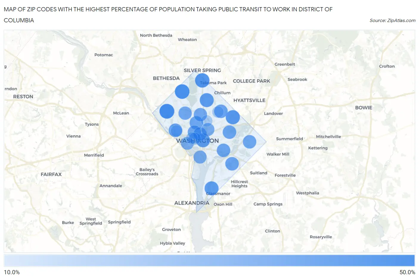 Zip Codes with the Highest Percentage of Population Taking Public Transit to Work in District Of Columbia Map