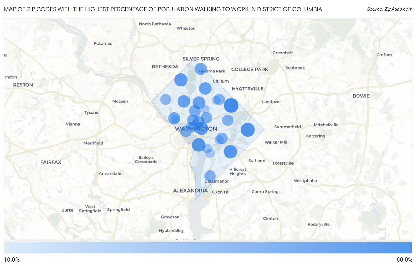 Zip Codes with the Highest Percentage of Population Walking to Work in District Of Columbia Map