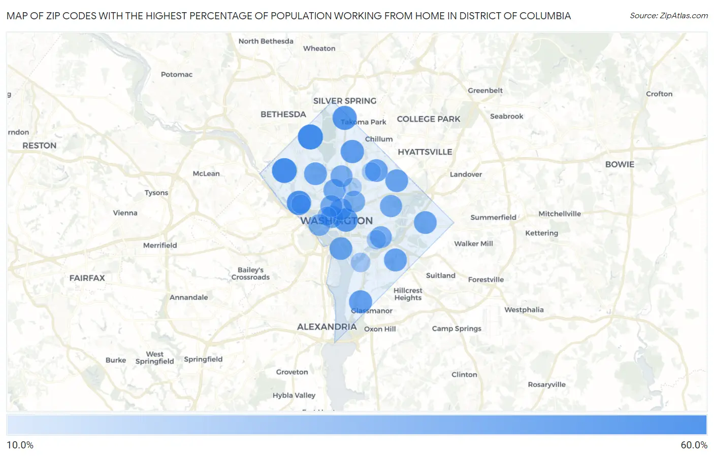 Zip Codes with the Highest Percentage of Population Working from Home in District Of Columbia Map