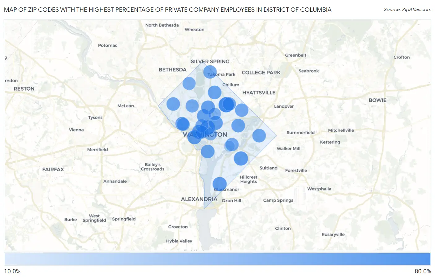 Zip Codes with the Highest Percentage of Private Company Employees in District Of Columbia Map