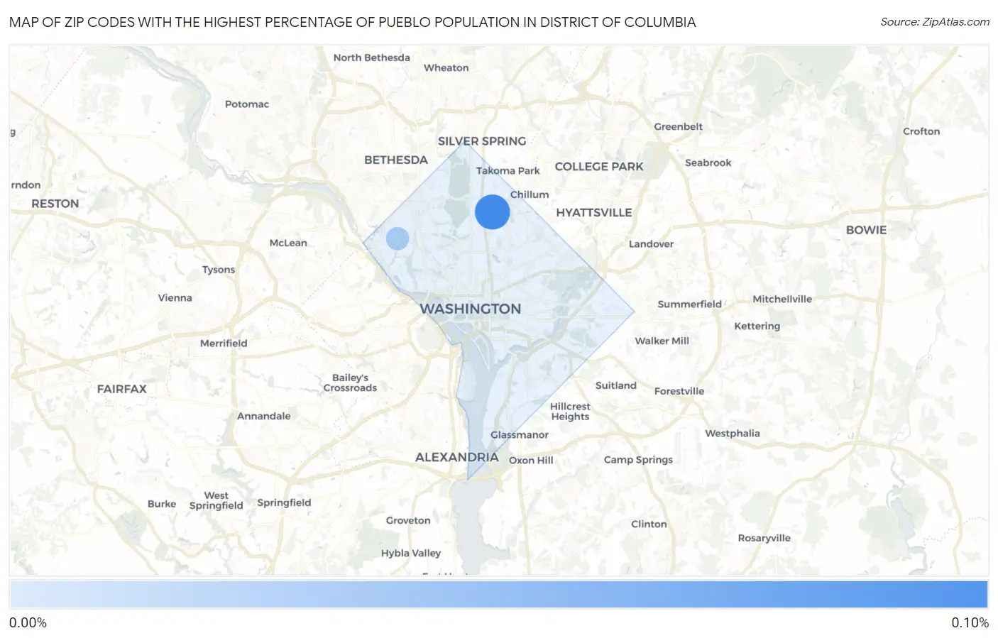 Zip Codes with the Highest Percentage of Pueblo Population in District Of Columbia Map