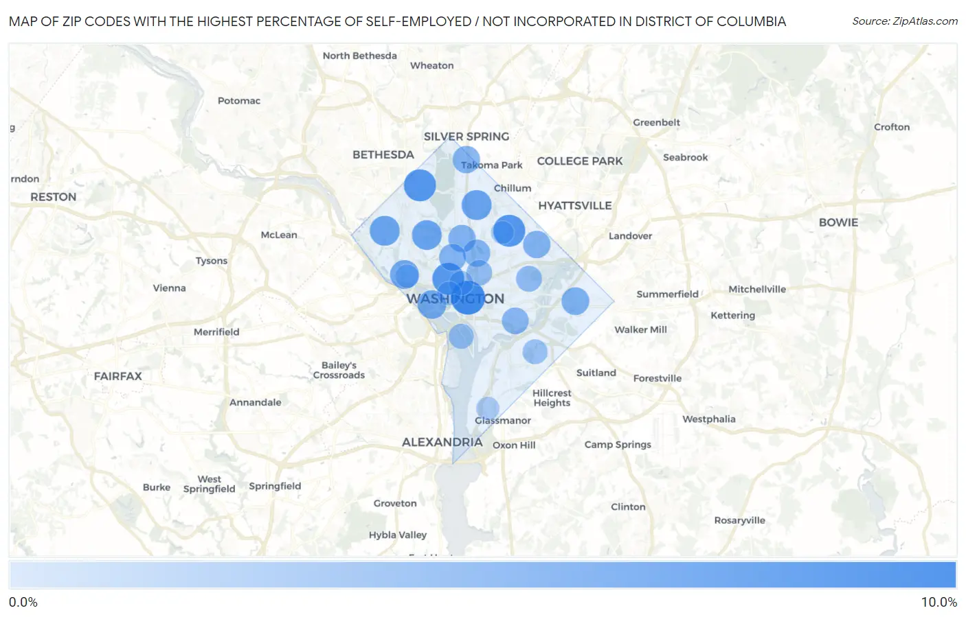 Zip Codes with the Highest Percentage of Self-Employed / Not Incorporated in District Of Columbia Map