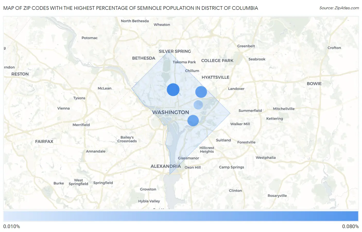 Zip Codes with the Highest Percentage of Seminole Population in District Of Columbia Map