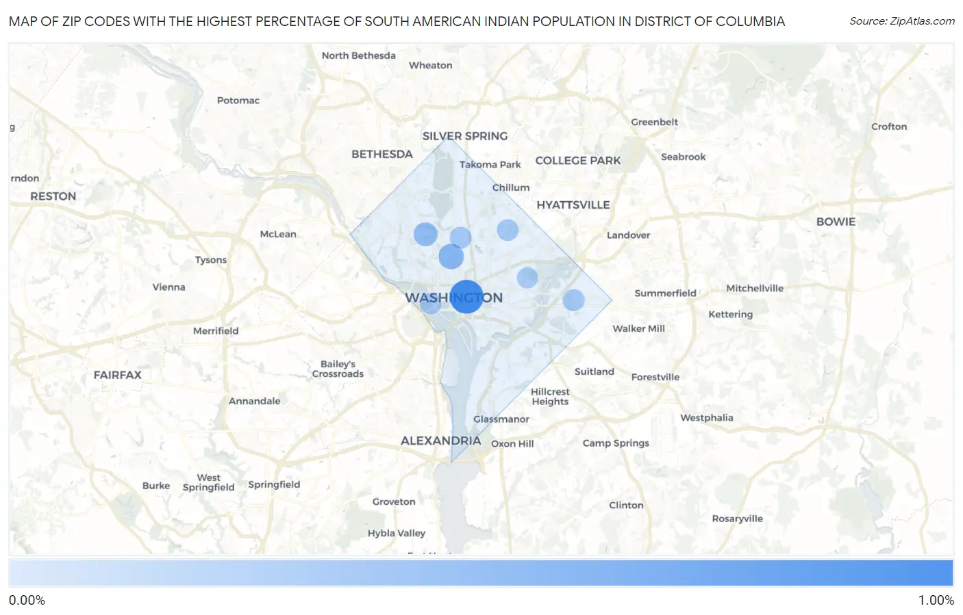 Zip Codes with the Highest Percentage of South American Indian Population in District Of Columbia Map