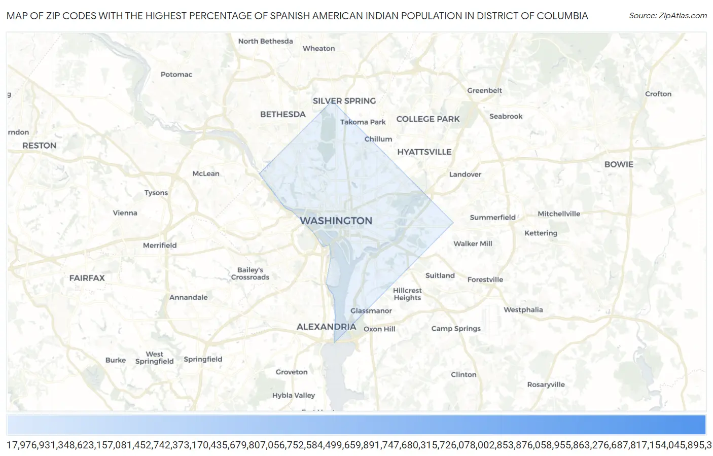Zip Codes with the Highest Percentage of Spanish American Indian Population in District Of Columbia Map