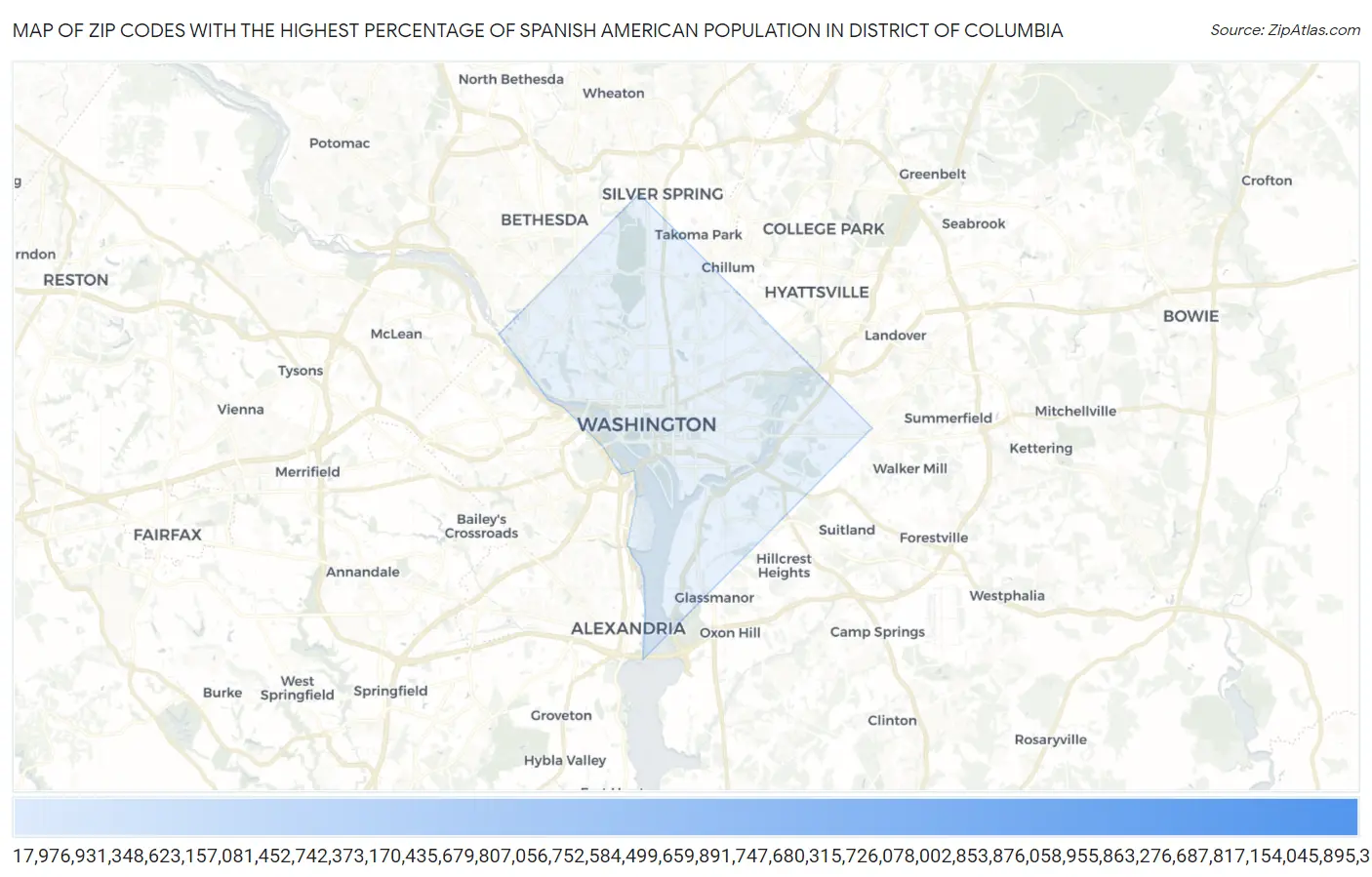 Zip Codes with the Highest Percentage of Spanish American Population in District Of Columbia Map