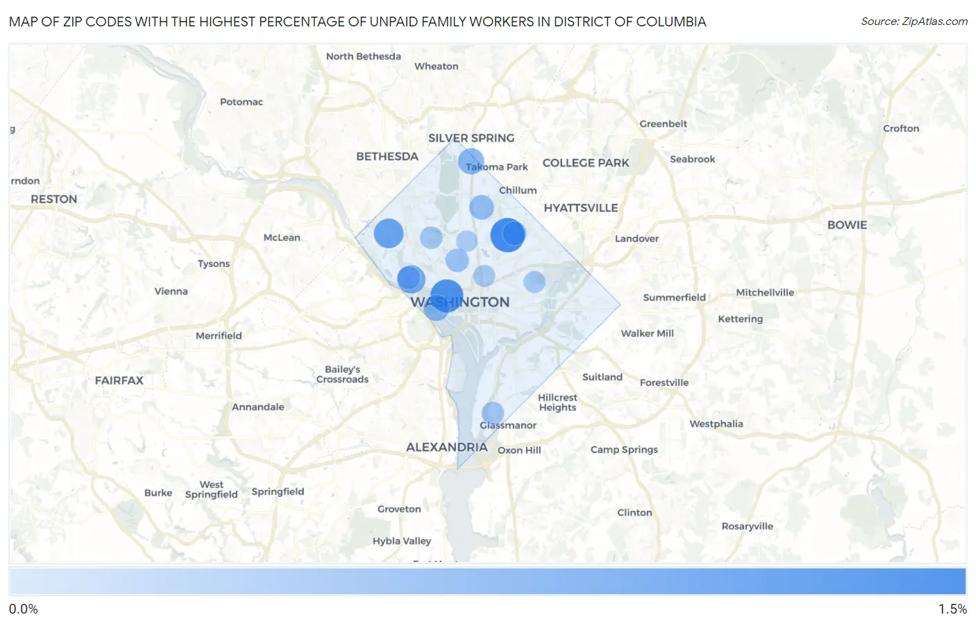 Zip Codes with the Highest Percentage of Unpaid Family Workers in District Of Columbia Map