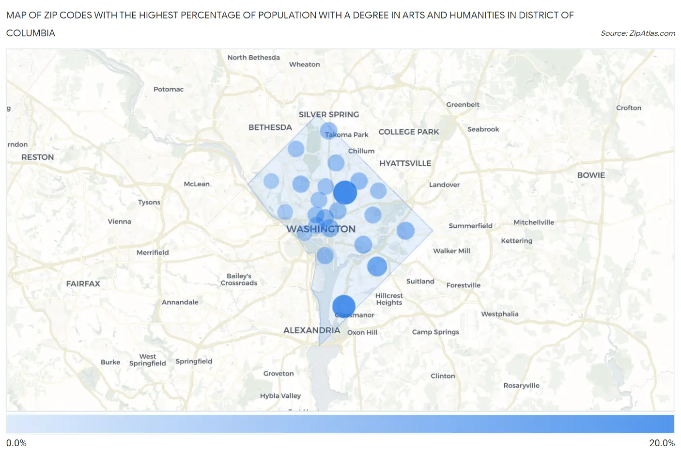 Zip Codes with the Highest Percentage of Population with a Degree in Arts and Humanities in District Of Columbia Map