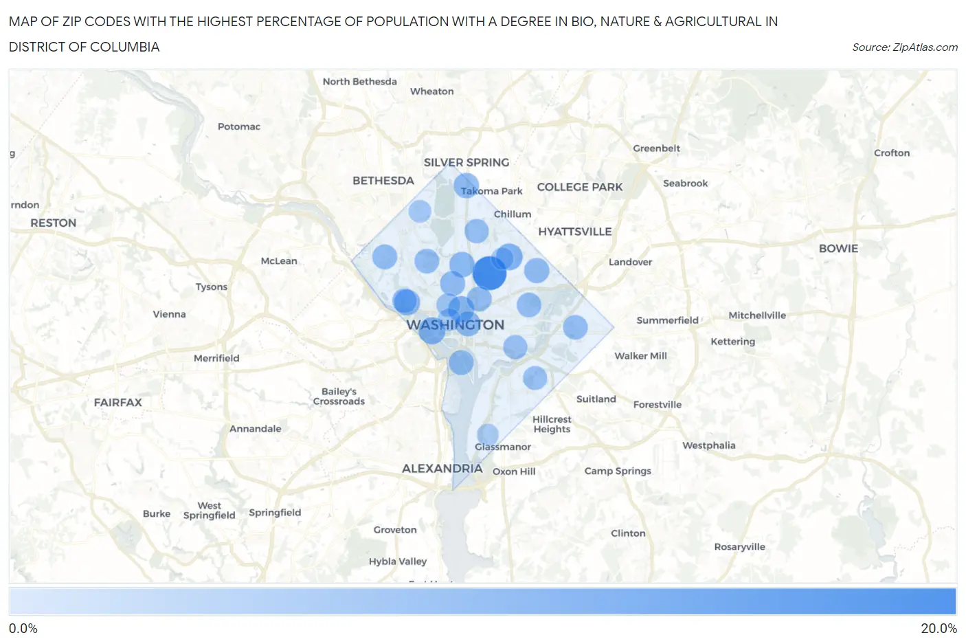 Zip Codes with the Highest Percentage of Population with a Degree in Bio, Nature & Agricultural in District Of Columbia Map