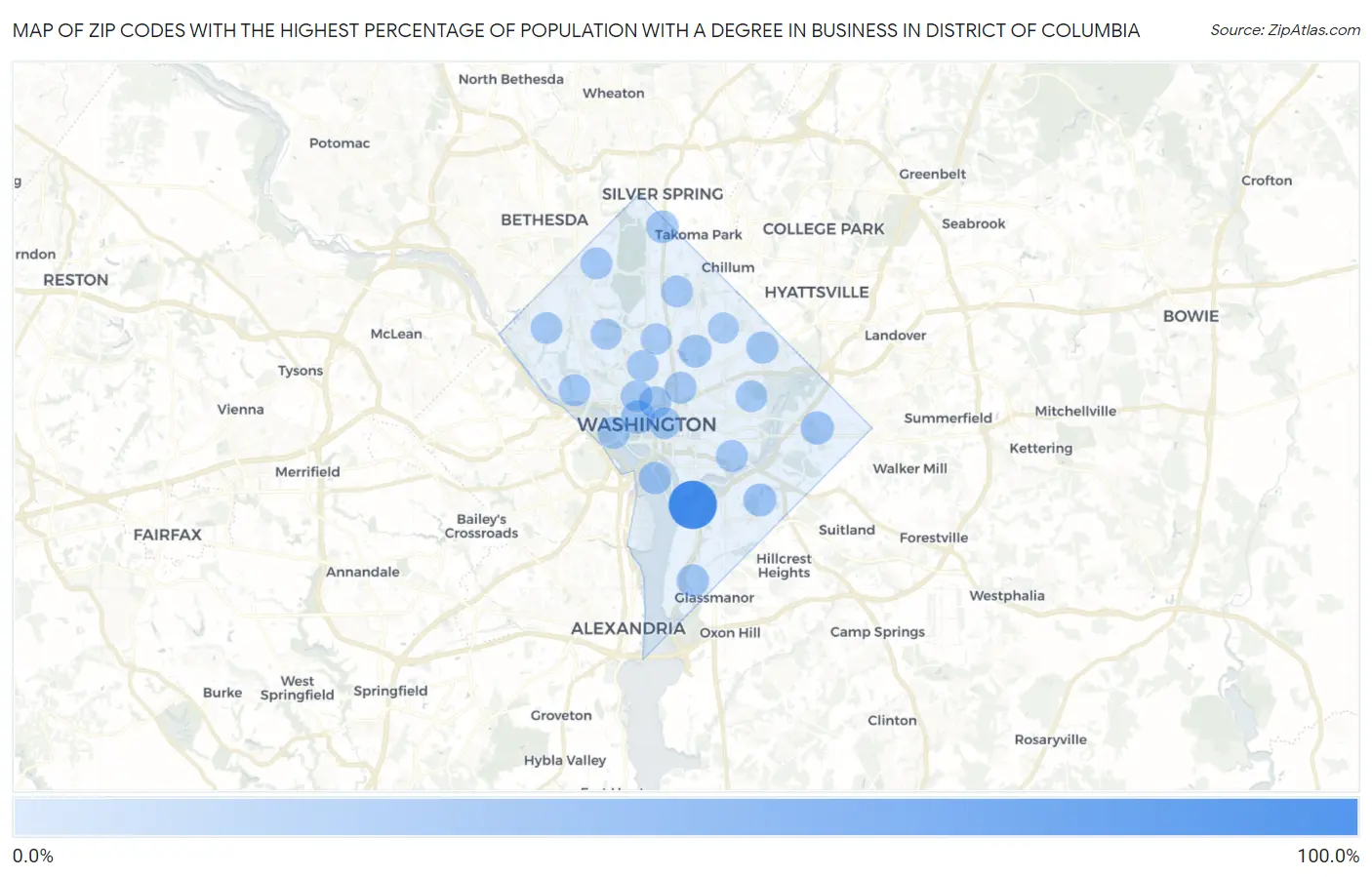 Zip Codes with the Highest Percentage of Population with a Degree in Business in District Of Columbia Map