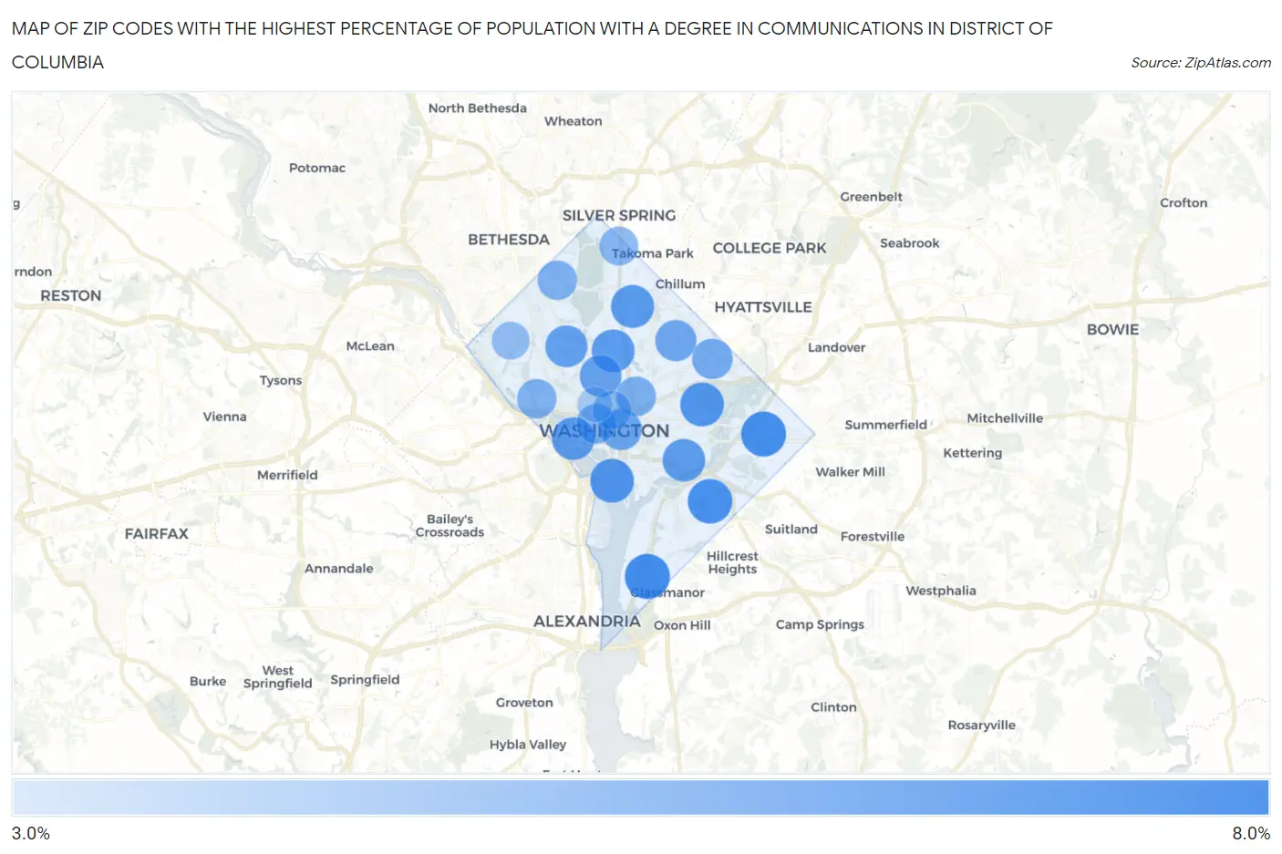 Zip Codes with the Highest Percentage of Population with a Degree in Communications in District Of Columbia Map