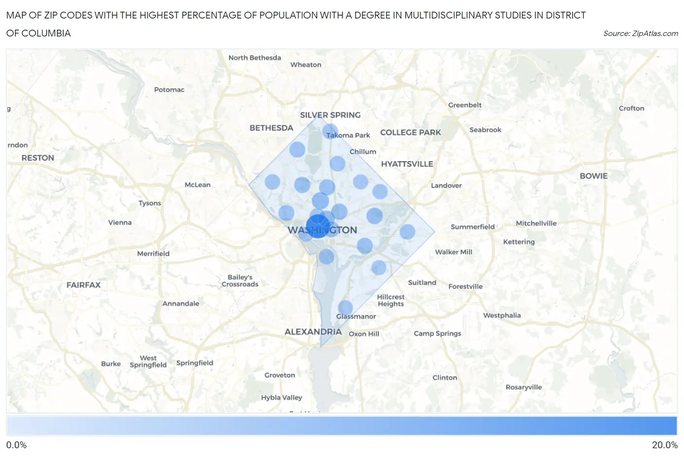 Zip Codes with the Highest Percentage of Population with a Degree in Multidisciplinary Studies in District Of Columbia Map