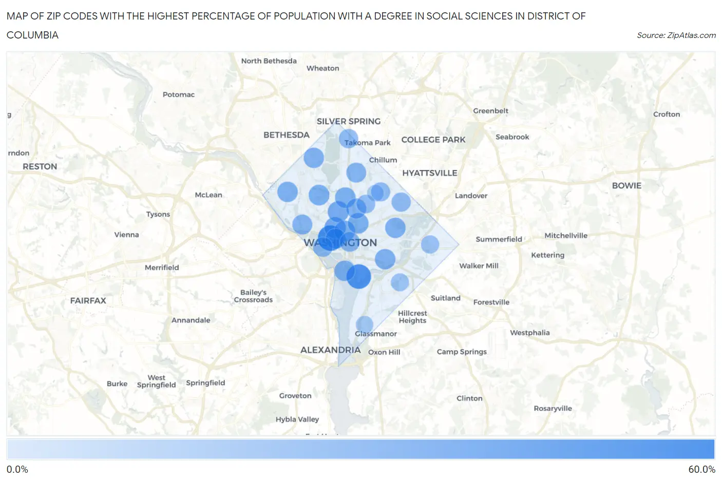 Zip Codes with the Highest Percentage of Population with a Degree in Social Sciences in District Of Columbia Map