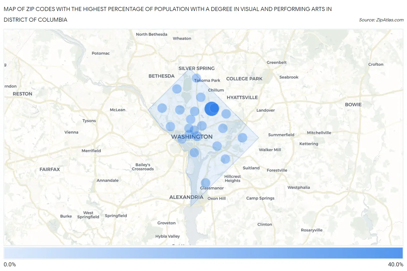Zip Codes with the Highest Percentage of Population with a Degree in Visual and Performing Arts in District Of Columbia Map