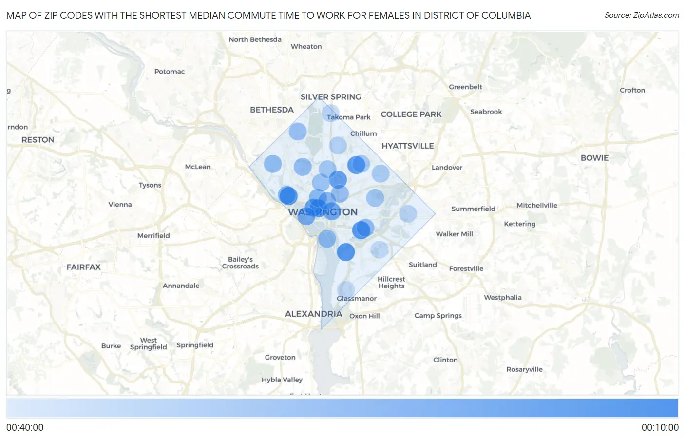 Zip Codes with the Shortest Median Commute Time to Work for Females in District Of Columbia Map
