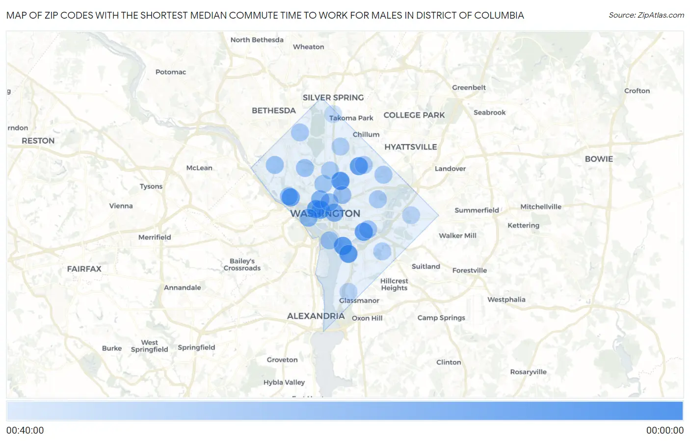 Zip Codes with the Shortest Median Commute Time to Work for Males in District Of Columbia Map