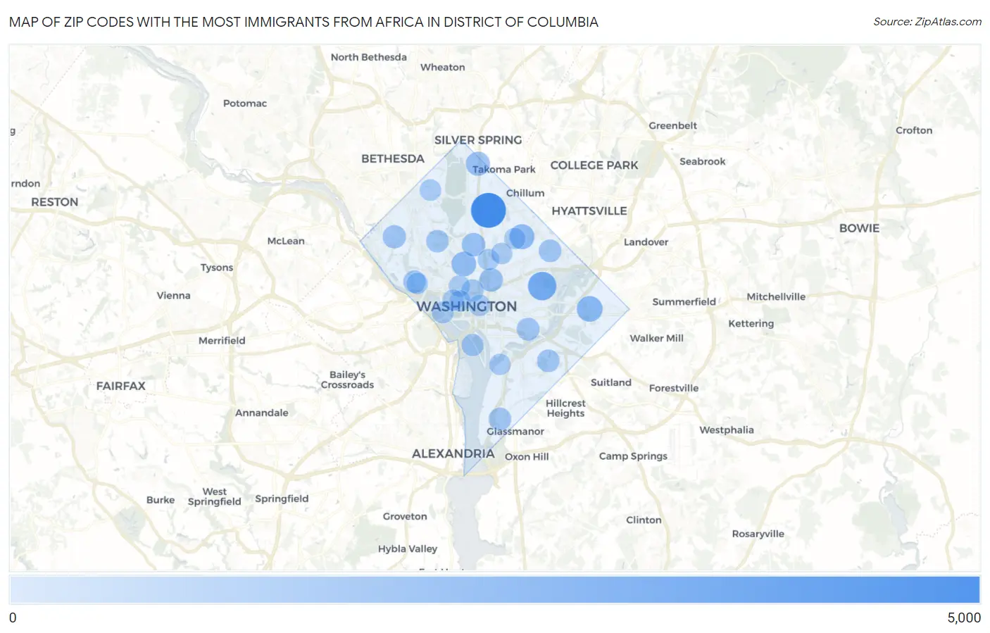 Zip Codes with the Most Immigrants from Africa in District Of Columbia Map