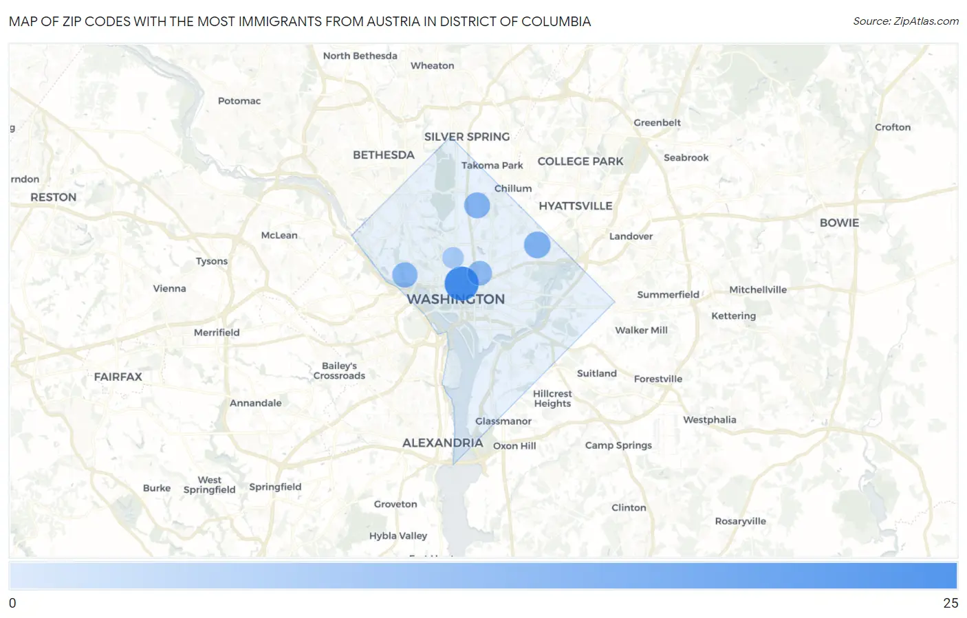 Zip Codes with the Most Immigrants from Austria in District Of Columbia Map