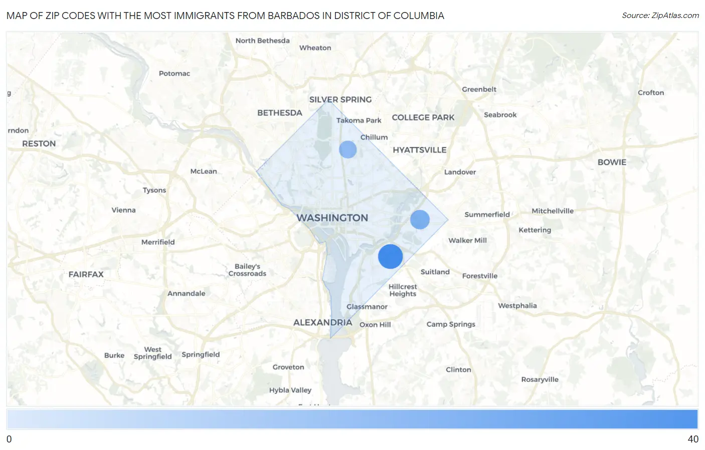 Zip Codes with the Most Immigrants from Barbados in District Of Columbia Map