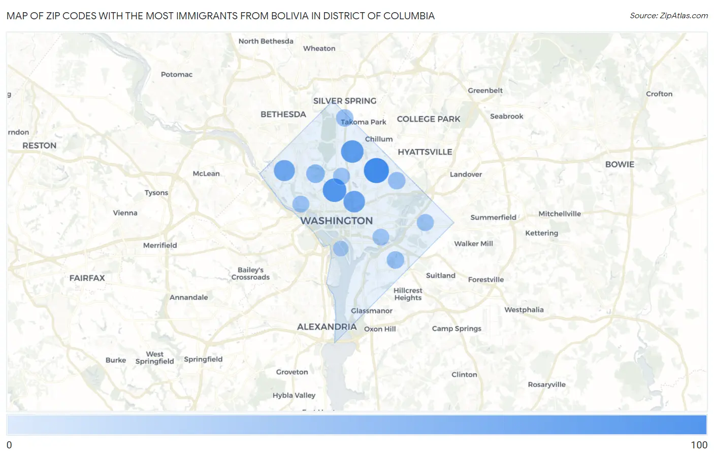 Zip Codes with the Most Immigrants from Bolivia in District Of Columbia Map